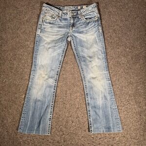 Miss Me Bootcut Jeans Light Wash Fleur De Lis Embellished HEMMED to 29x25